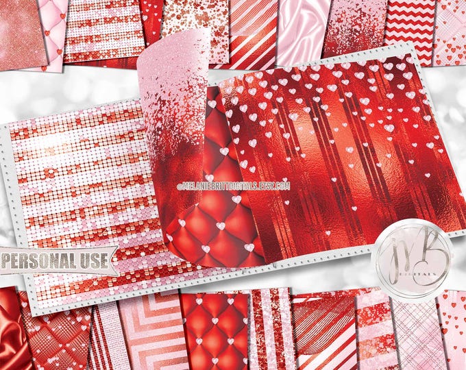 Valentines Day Luxury Scrapbook Paper Download • Heart Diamonds Luxurious Design Glitter and Foil • Printable Paper Crafts 20 12x12 JPG PDF
