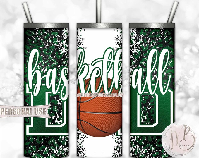 Green Basketball Dad 20oz Skinny Tumbler Wrap Sublimation Download • Leopard Print Solid Varsity Letters Dad Gift • DIY Print & Press