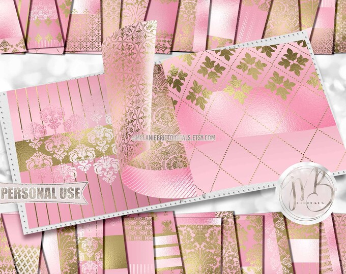 Pink and Gold Elegant Scrapbook Paper Download • Ombre Pink Victorian Damask Shimmering Foil • DIY Scrapbooking Printable 30 12x12 JPG & PDF