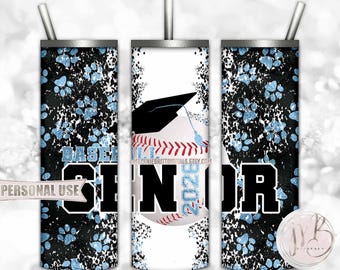 Light Blue Baseball Senior 2026 20oz Skinny Tumbler Wrap Sublimation Design • Paw Prints Baseball Graduation Gift • DIY Print and Press