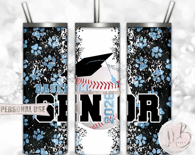 Light Blue Baseball Senior 2026 20oz Skinny Tumbler Wrap Sublimation Design • Paw Prints Baseball Graduation Gift • DIY Print and Press