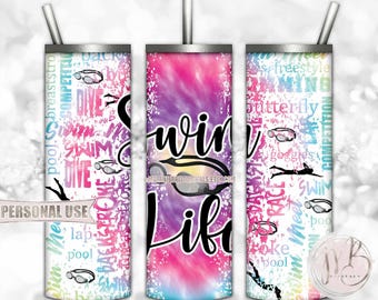 Swim Life 20oz Skinny Tumbler Wrap Sublimation Download • Rainbow Tie Dye Swim Goggles Swim Typography Swim Team Gift • DIY Print and Press