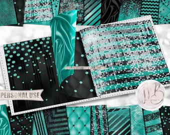 Luxury Black & Teal Scrapbook Paper Download • Luxurious Design Sparkling Glitter Shimmering Foil • Printable Paper Crafts 20 12x12 JPG PDF