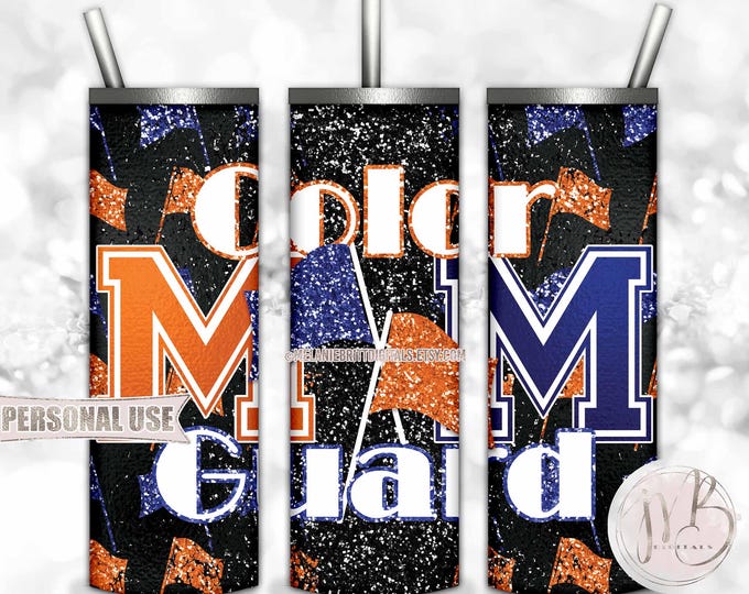 Blue and Orange Color Guard Mom 20oz Skinny Tumbler Wrap Sublimation Download • Glitter Flags Marching Band Mom Gift • DIY Print & Press