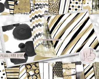 Black and Gold Watercolor Scrapbook Paper Download • Hand Painted Patterned Watercolor Design • Printable Paper Crafts 20 12x12 JPG & PDF