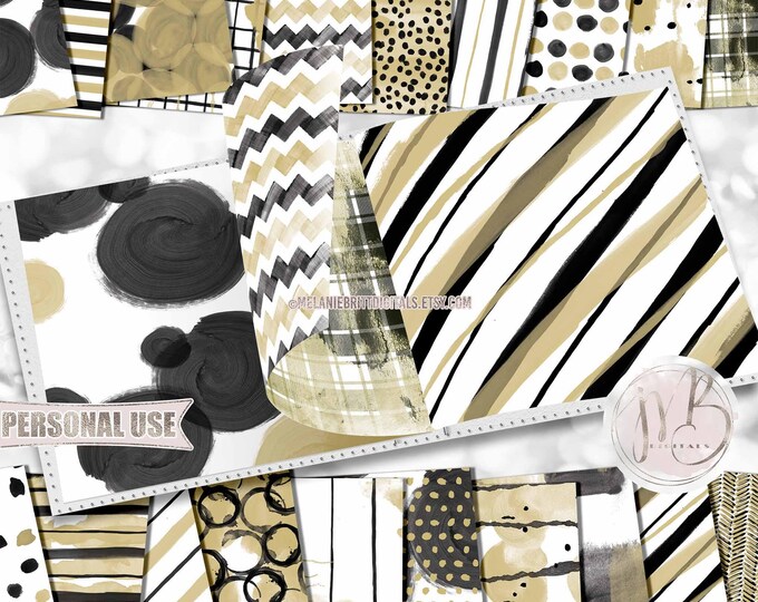 Black and Gold Watercolor Scrapbook Paper Download • Hand Painted Patterned Watercolor Design • Printable Paper Crafts 20 12x12 JPG & PDF