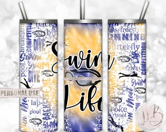 Swim Life 20oz Skinny Tumbler Wrap Sublimation Design Download • Blue and Athletic Gold Tie Dye Swim Team Swimmer Gift • DIY Print and Press