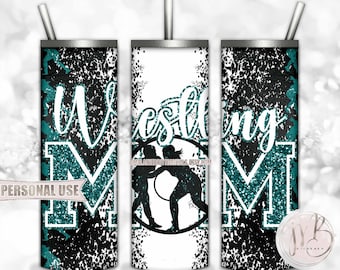 Teal Girl Wrestling Mom 20oz Skinny Tumbler Wrap Sublimation Download • Glitter Varsity Letters Wrestler Mom Gift • DIY Print & Press