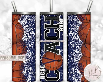 Navy Blue Basketball Coach 20oz Skinny Tumbler Wrap Sublimation Download • Lanyard Whistle "Best Coach Ever" Gift • DIY Print and Press