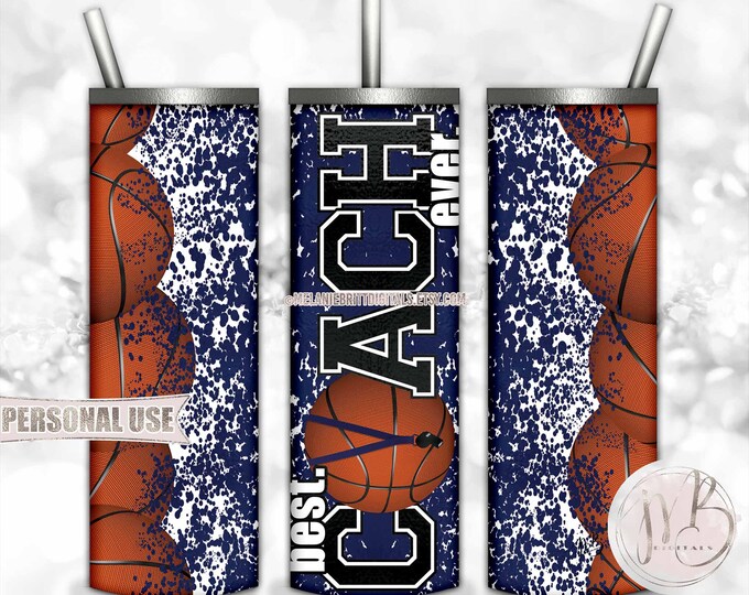 Navy Blue Basketball Coach 20oz Skinny Tumbler Wrap Sublimation Download • Lanyard Whistle "Best Coach Ever" Gift • DIY Print and Press
