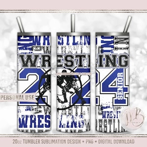 Blue Wrestling Senior 2024 20oz Skinny Tumbler Wrap Sublimation PNG Download • Wrestler Graduation Gift Typography • Seamless Design ©2014-current Melanie Britt Digitals™ All Rights Reserved. Personal Use Only.