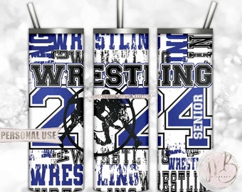 Blue Wrestling Senior 2024 20oz Skinny Tumbler Wrap Sublimation PNG Download • Wrestler Graduation Gift Typography • Seamless Design