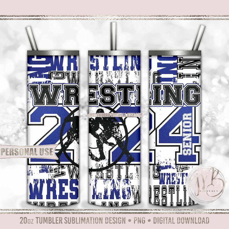 Blue Wrestling Senior 2024 20oz Skinny Tumbler Wrap Sublimation PNG Download • Wrestler Graduation Gift Typography • Seamless Design ©2014-current Melanie Britt Digitals™ All Rights Reserved. Personal Use Only.