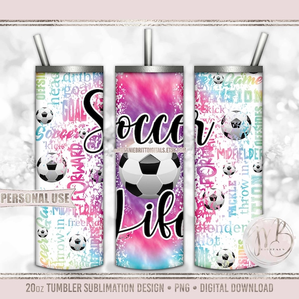 Soccer Life 20oz Skinny Tumbler Wrap Sublimation Design Download • Rainbow Tie Dye Scattered Soccer Balls • Sublimation Crafts