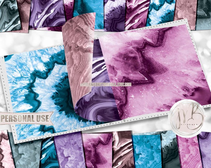 Blue Pink and Purple Agate Scrapbook Paper Download • Realistic Geode Design • DIY Printable Paper Crafts 20 12x12 JPG & PDF
