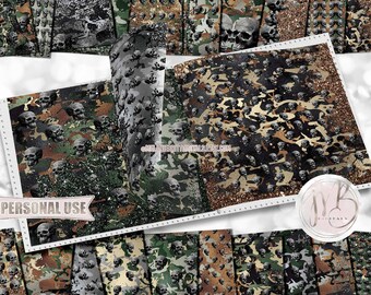 Camo Glam Skulls Scrapbook Paper Download • Camouflage Shimmering Metallic Foil Sparkling Glitter • Printable Paper Crafts 20 12x12 JPG PDF