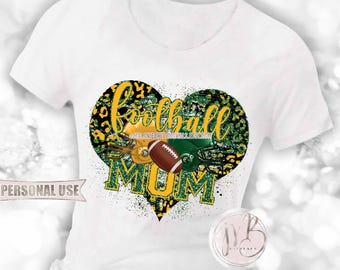 Football Mom Heart T-Shirt Sublimation Design • Green and Athletic Gold Football Helmets Leopard Print Sports Mom Gift • DIY Print and Press