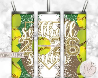 Gold Softball Senior 2026 20oz Skinny Tumbler Wrap Sublimation Design Download • Varsity Softball Glitter Grad Gift • DIY Print & Press