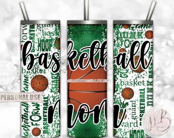 Green Basketball Mom 20oz Skinny Tumbler Wrap Sublimation Design Download • Basketball Typography Sports Mom Gift • DIY Print & Press
