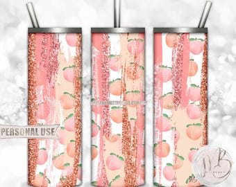 Peaches 20oz Skinny Tumbler Wrap Sublimation Download • Brush Stroke Design Peach Glitter Peach Lover Gift • DIY Print and Press