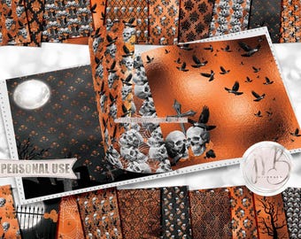 Gothic Halloween Skulls Scrapbook Paper Download •  Orange and Black Raven Spider Cross Moon • Printable Paper Crafts 20 12x12 JPG & PDF