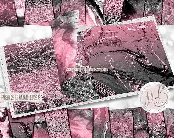 Black and Pink Agate and Marble Scrapbook Paper Download • Realistic Geode Stone Veins • Scrapbooking Printable