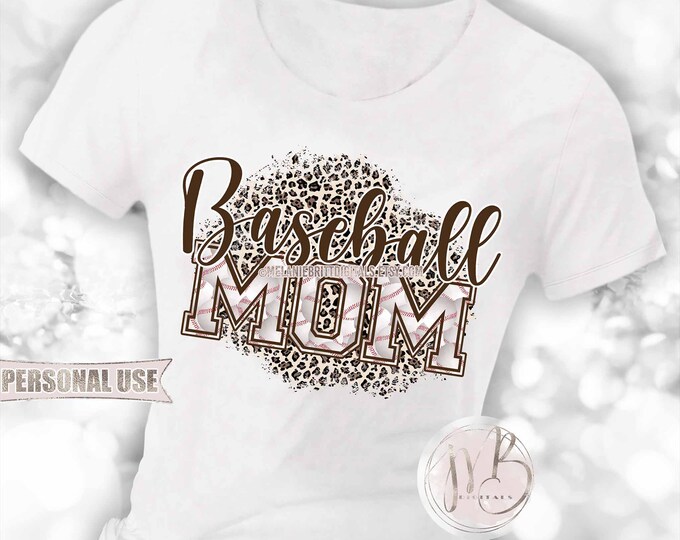 Brown Baseball Mom T-Shirt Sublimation Design Download • Classic Leopard Print Baseball Varsity Letters Mom Gift • DIY Print and Press