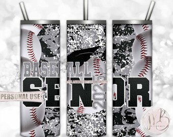 Silver Baseball Senior 2025 20oz Skinny Tumbler Wrap Sublimation Design Download • Camouflage Baseball Graduation Gift • DIY Print and Press