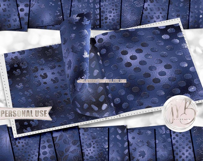 Dark Blue Autumn Embossed Scrapbook Paper Download • Squirrels Pumpkins Shimmering Foil Design • Printable Paper Crafts 20 12x12 JPG & PDF