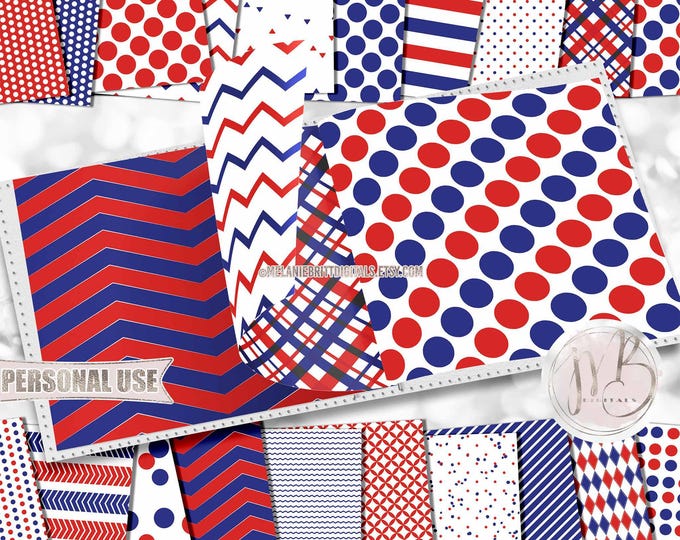 Red White and Blue Classic Scrapbook Paper Download • Patriotic Patterned Geometric Design • DIY Printable Paper Crafts 20 12x12 JPG & PDF