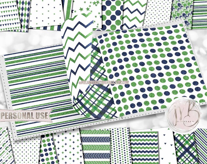 Navy and Lime Glitter Scrapbook Paper Download • Classic Geometric Patterned Glittery Design • Printable Paper Crafts 20 12x12 JPG & PDF