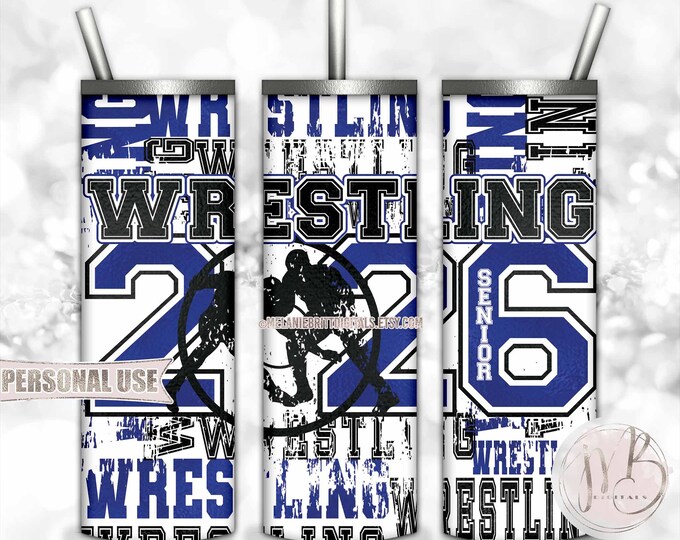 Blue Boy Wrestling Senior 2026 20oz Skinny Tumbler Wrap Sublimation Download • Wrestler Grad Gift Wrestling Typography • DIY Print and Press