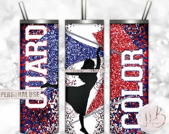 Color Guard 20oz Skinny Tumbler Wrap Sublimation Design Download • Girl Silhouette Flag Performance Blue and Red Glitter • DIY Print & Press