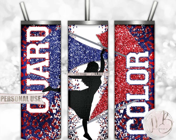 Color Guard 20oz Skinny Tumbler Wrap Sublimation Design Download • Girl Silhouette Flag Performance Blue and Red Glitter • DIY Print & Press