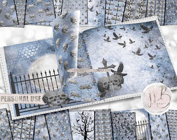Blue Gothic Winter Skulls Scrapbook Paper Download • Goth Snow Frosty Snowflakes • Scrapbooking Printable