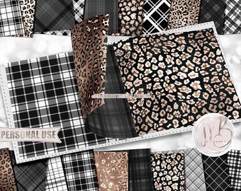 Classic Leopard Print and Black Plaid Scrapbook Paper Design • Shimmering Foil • Printable Paper Crafts 20 12x12 JPG