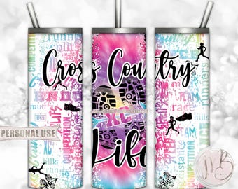 Girl Cross Country Life 20oz Skinny Tumbler Wrap Sublimation Design • Rainbow Tie Dye Terrain Endurance Running XC Gift • DIY Print & Press