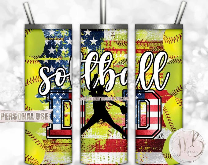 Patriotic Softball Dad 20oz Skinny Tumbler Wrap Sublimation Download • Daughter Pitching Silhouette Proud USA Dad Gift • DIY Print and Press