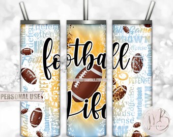 Football Life 20oz Skinny Tumbler Wrap Sublimation Design • Light Blue Athletic Gold Tie Dye Typography Football Gift • DIY Print and Press