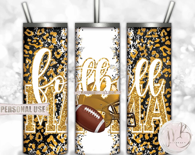 Athletic Gold Football Mama 20oz Skinny Tumbler Wrap Sublimation Design • Football Helmet Leopard Print Sports Mama Gift • DIY Print & Press