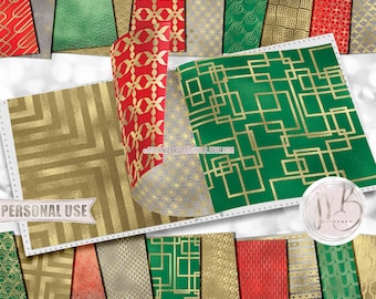 Modern Christmas Scrapbook Paper Download • Red Green Silver and Gold Shimmering Foil Design • Printable Paper Crafts 20 12x12 JPG & PDF