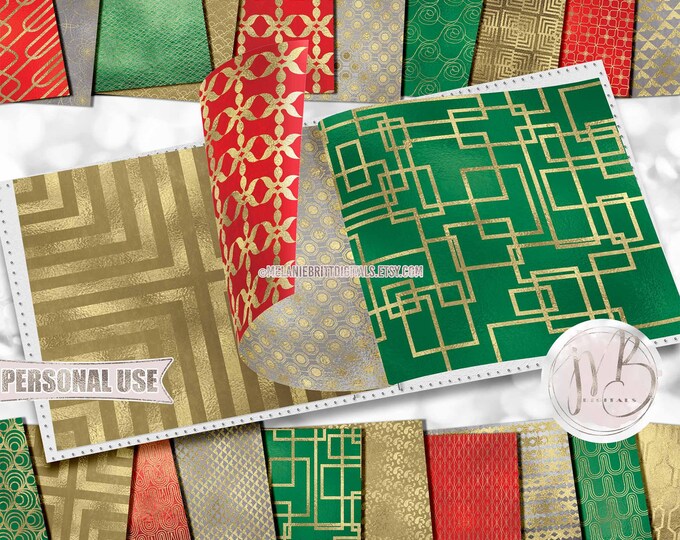 Modern Christmas Scrapbook Paper Download • Red Green Silver and Gold Shimmering Foil Design • Printable Paper Crafts 20 12x12 JPG & PDF
