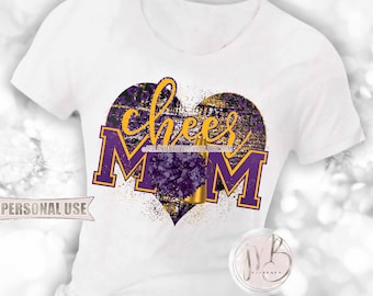 Purple and Athletic Gold Cheer Mom Heart T-Shirt Sublimation Design • Pom Pom Megaphone Leopard Print Cheer Mom Gift • DIY Print and Press