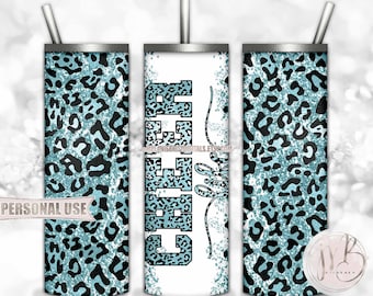 Pastel Blue Cheer Life Glitter 20oz Skinny Tumbler Wrap Sublimation Design Download • Leopard Print Cheerleader Gift • DIY Print and Press