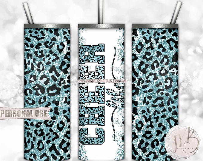 Cheer Life Glitter 20oz Skinny Tumbler Wrap Sublimation Download • Pastel Blue Leopard • DIY Print and Press