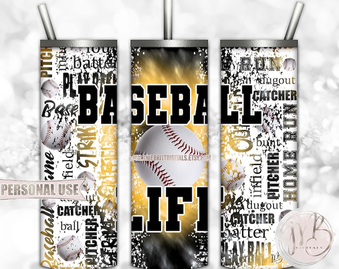 Baseball Life 20oz Skinny Tumbler Wrap Sublimation Download • Athletic Gold & Black Tie Dye Typography Baseball Gift • DIY Print and Press