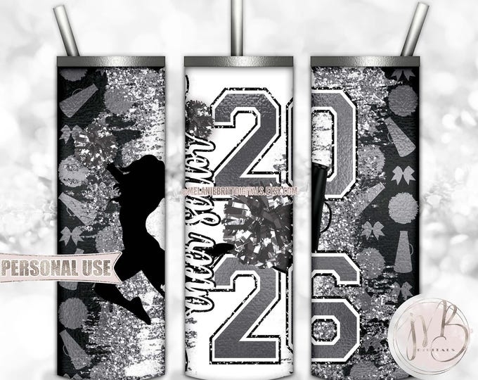 Silver Cheer Senior 2026 20oz Skinny Tumbler Wrap Sublimation Design • Pom Poms Megaphone Glitter Cheerleader Gift • DIY Print and Press