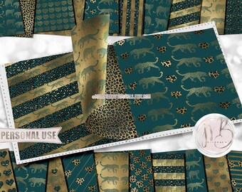 Teal and Gold Safari Scrapbook Paper Download • Safari Big Cat Leopard Design • DIY Printable Paper Crafts 20 12x12 JPG & PDF