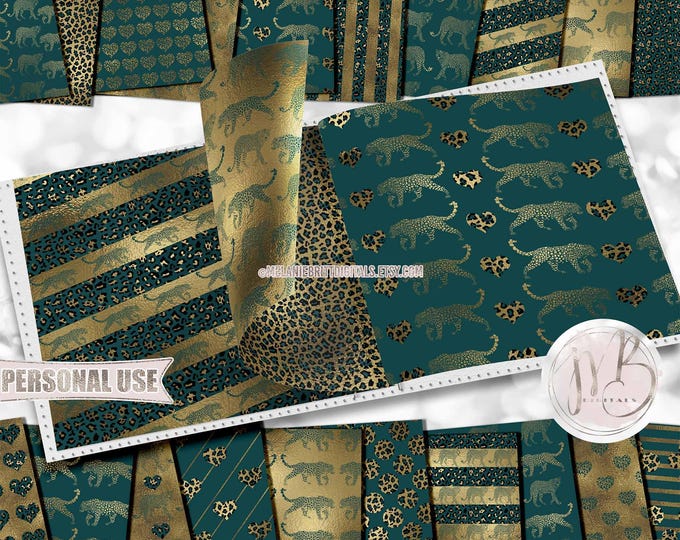 Teal and Gold Safari Scrapbook Paper Download • Safari Big Cat Leopard Design • DIY Printable Paper Crafts 20 12x12 JPG & PDF