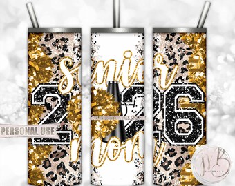 Athletic Gold Cheer Senior 2026 Mom 20oz Skinny Sublimation Tumbler Wrap Design • Pom Megaphone Classic Leopard Print • DIY Print and Press